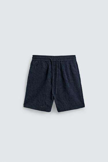 Zara TEXTURED JACQUARD SHORTS - Navy blue