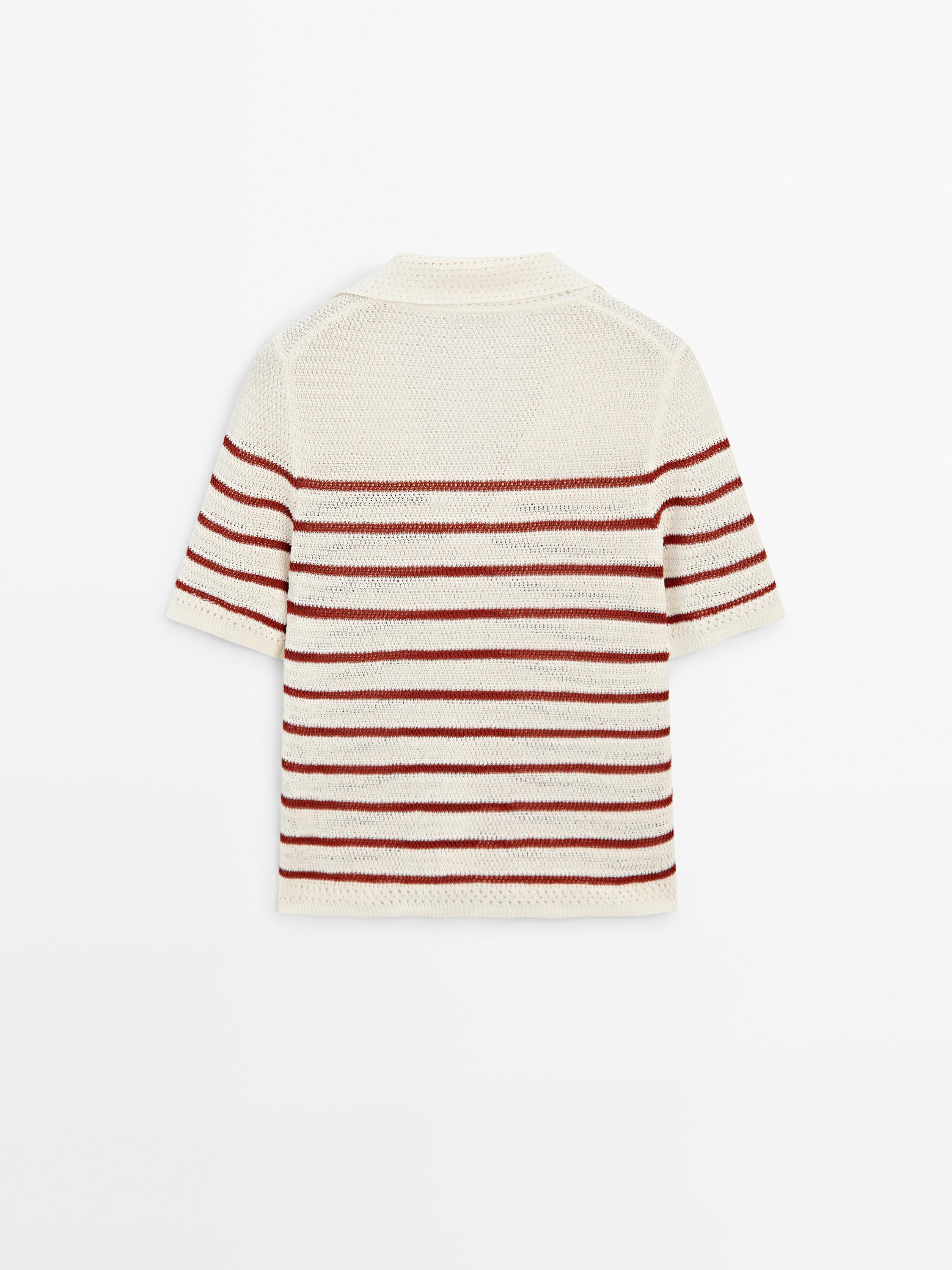 Striped cotton blend knit polo shirt