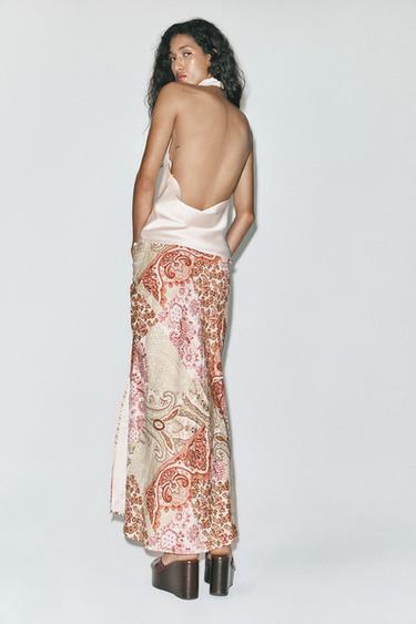 FALDA MIDI ESTAMPADA CON LINO - Multicolor de Zara
