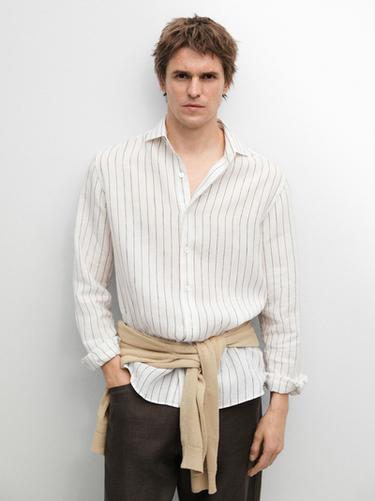 Zara 100% linen slim fit striped shirt - Oyster-white