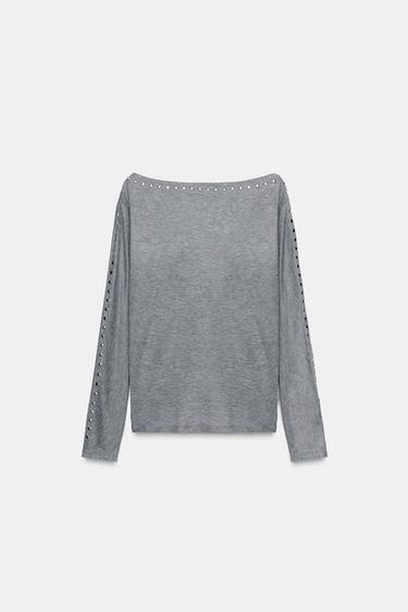 T-SHIRT À MANCHES CHAUVE-SOURIS AVEC CLOUS - Gris chiné de Zara - Image 5
