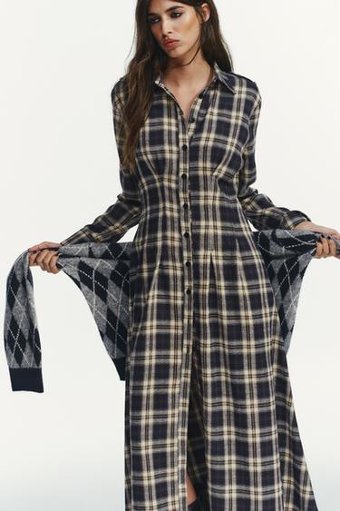 Zara PLAID PLEATED MIDI DRESS - Brown-Blue