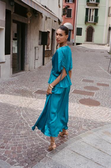 BLOUSE SATINÉE FRONCÉE - Bleu canard de Zara - Image 3