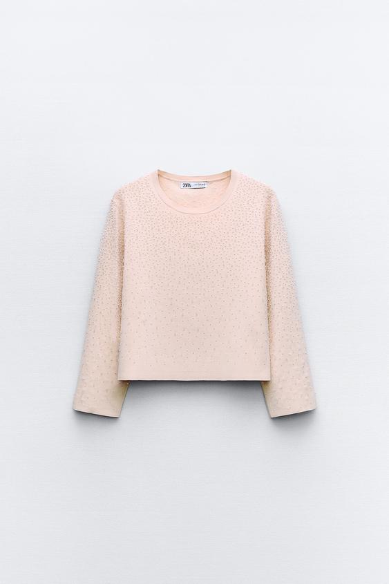 BEADED KNIT TOP Pastel pink ZARA