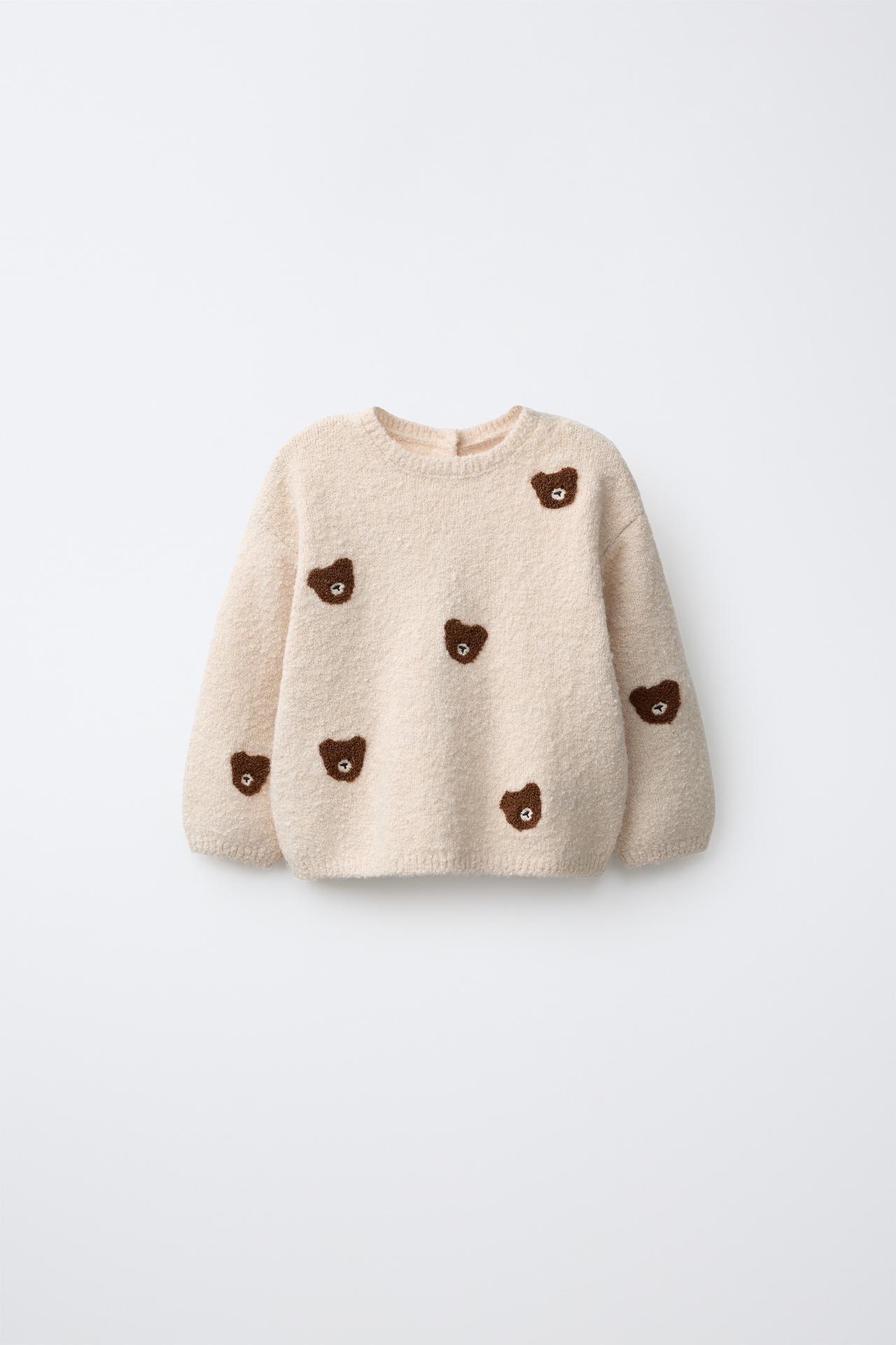 EMBROIDERED TEDDY BEAR KNIT SWEATER — Light beige