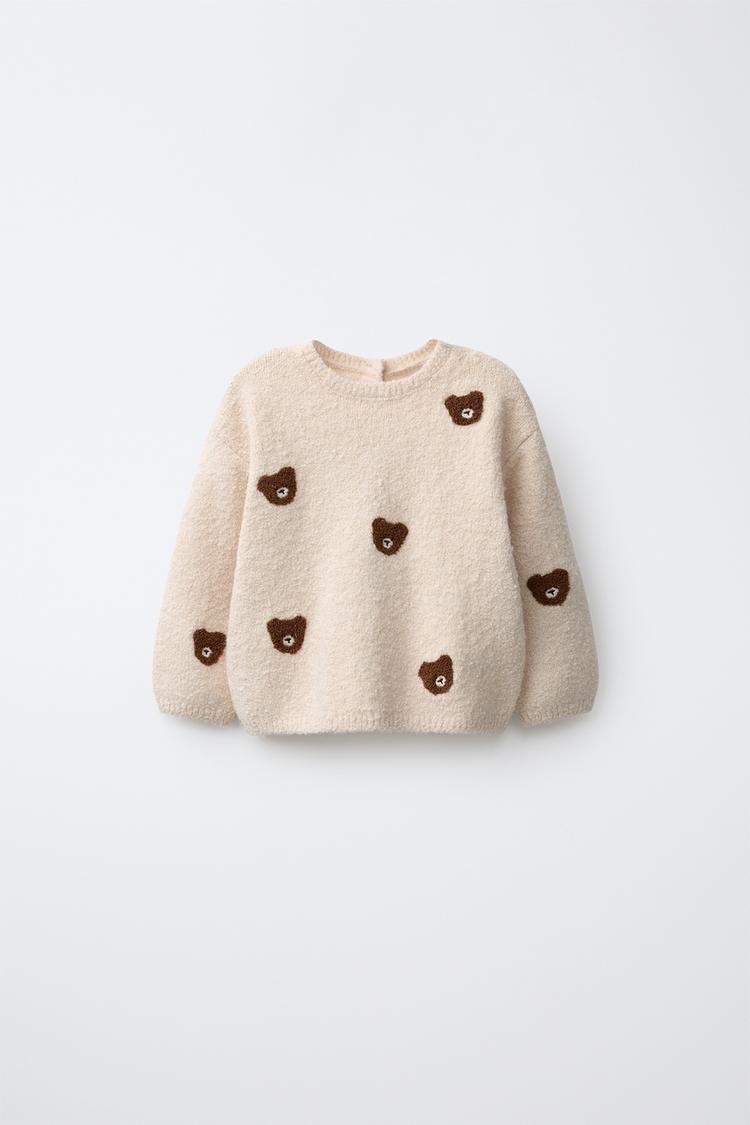 EMBROIDERED TEDDY BEAR KNIT SWEATER — Light beige