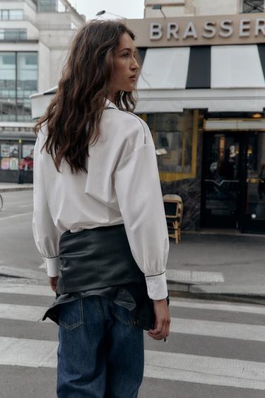 CHEMISE EN POPELINE AVEC LISERÉS CONTRASTANTS - Blanc / Noir de Zara - Image 3