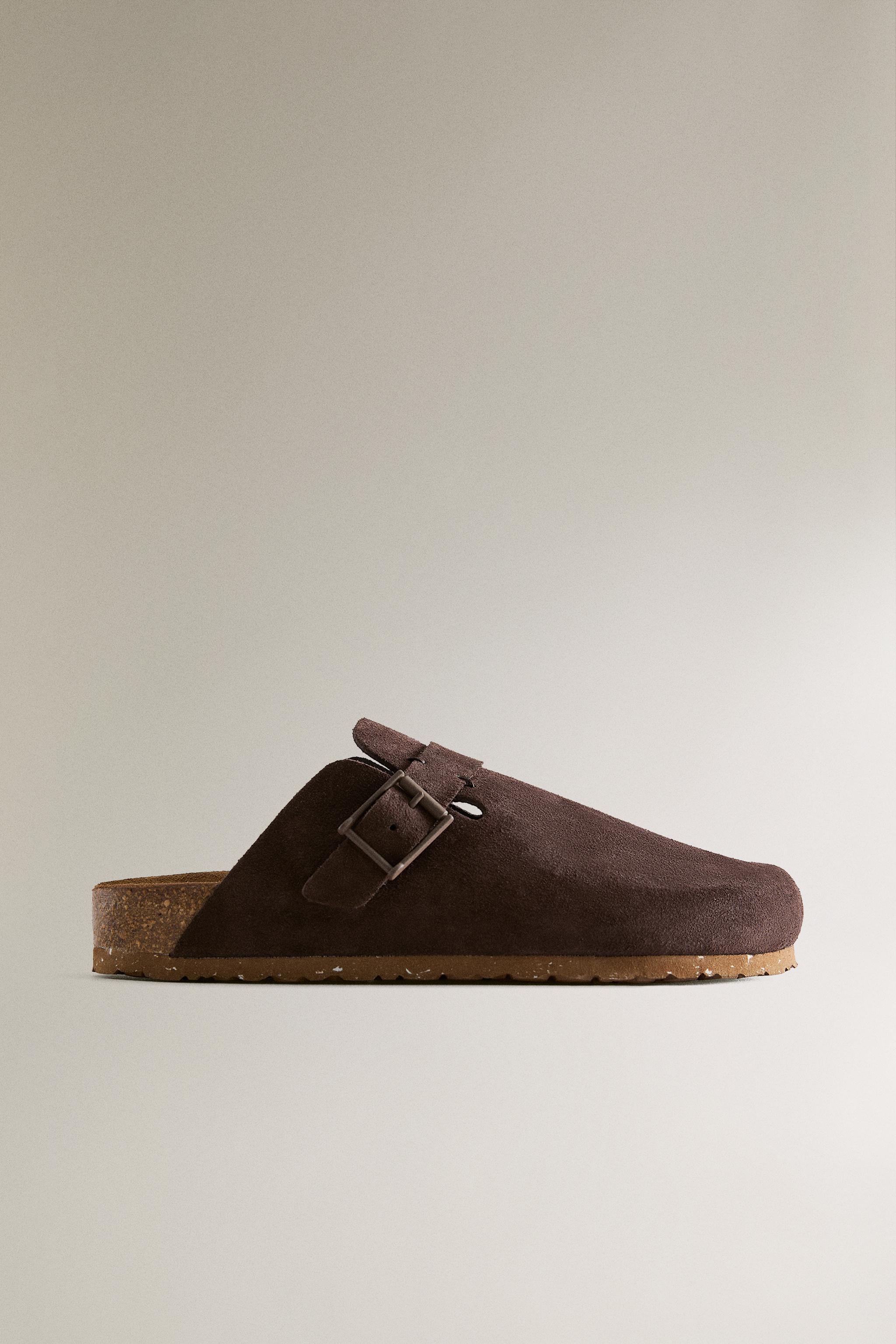 新品未使用 ZARA バックル付きレザーモカシン 24cm レザーサボ バックル バックステッチディテール - ブラウン