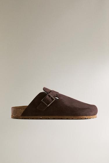 LEDERPANTOFFEL MIT SCHNALLE UND ZIERNAHT - Braun von Zara