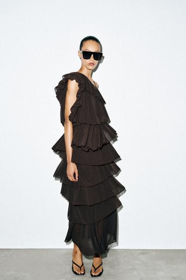 RUFFLED MIDI SKIRT - Dark brown by Zara - Image 0
