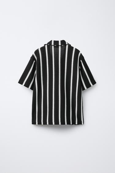 STRIPED TEXTURED CAMP COLLAR SHIRT - Ecru / Black by Zara - Image 1