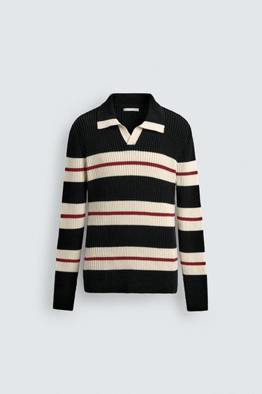 Zara STRIPED JACQUARD KNIT POLO - Black