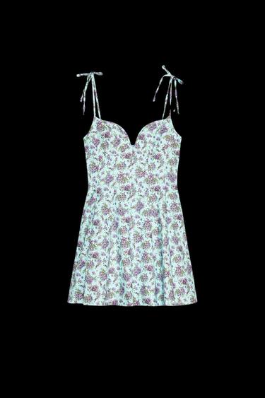 Zara FLORAL POPLIN DRESS - Turquoise - Image 0