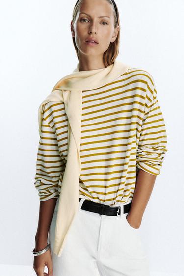 CAMISETA ALGODÓN FLAMÉ RAYAS - Raya verde de Zara