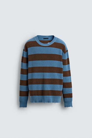 PULL EN MAILLE PERLÉE RAYURES - Bleu de Zara - Image 7