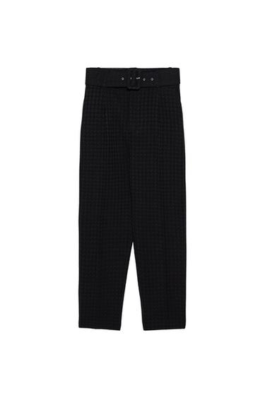 High-waisted black trousers with a matching belt on a white background.