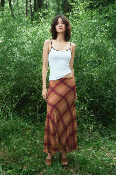 Zara ZW COLLECTION 格紋長裙 - 暗紅色 - 圖片 0