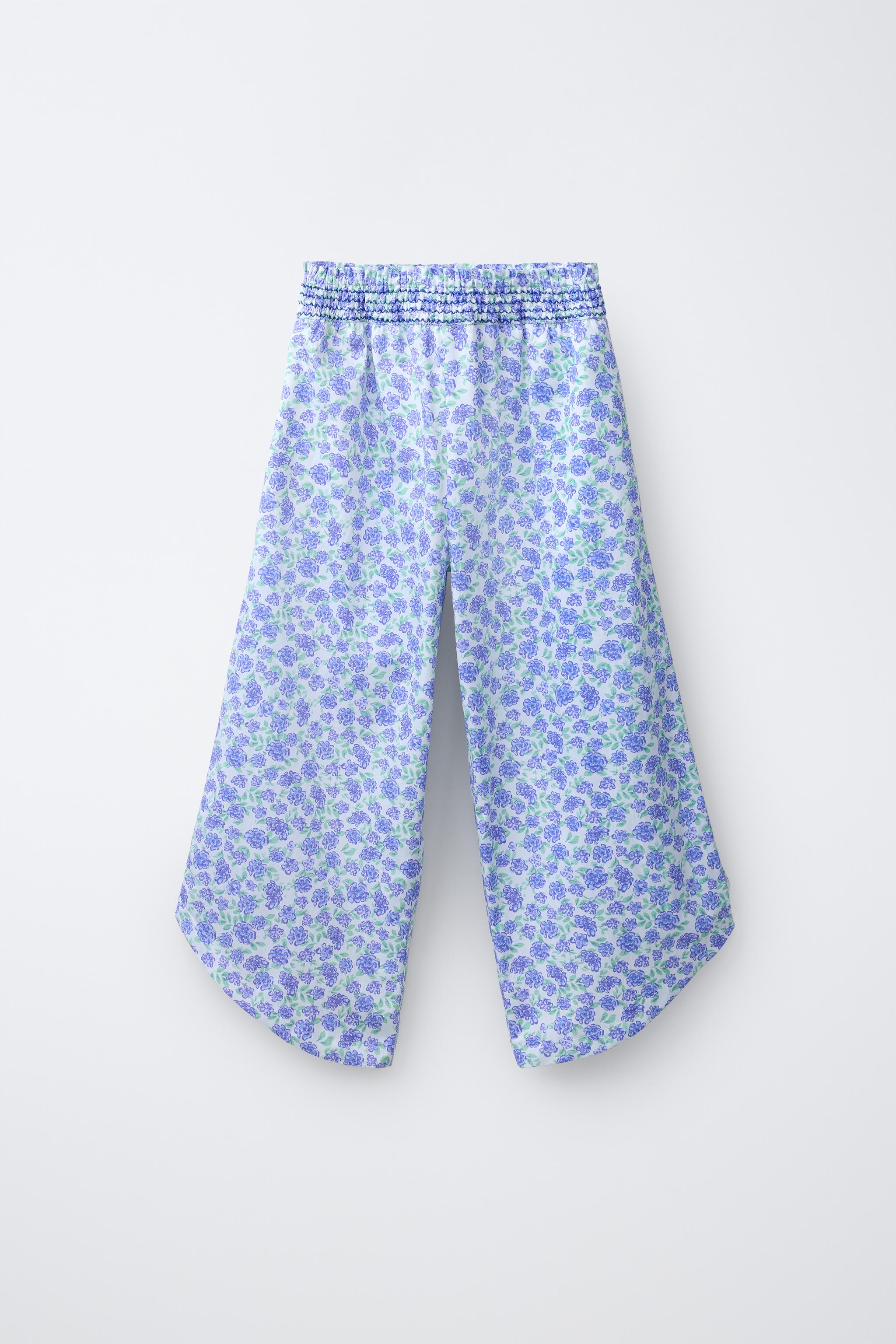 WIDE-LEG FLORAL PRINT TROUSERS — Blue / Lavender