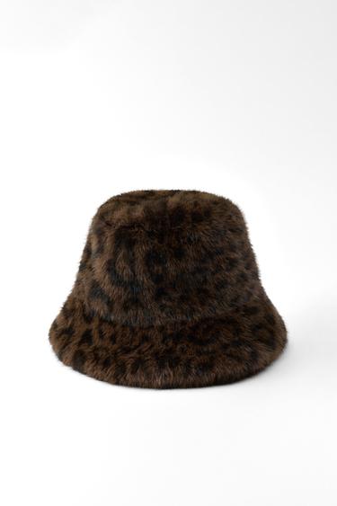 Zara FAUX FUR ANIMAL PRINT BUCKET HAT - Leopard