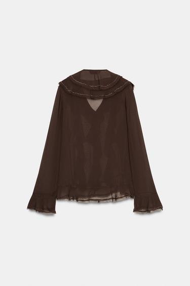 Zara ZW COLLECTION BEADED RUFFLE BLOUSE - Brown