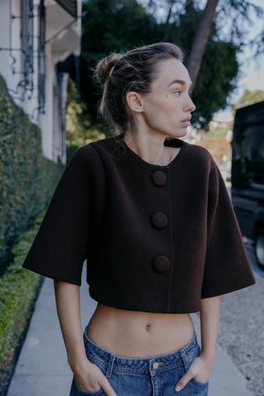 SHORT KNIT CARDIGAN - Dark brown by Zara