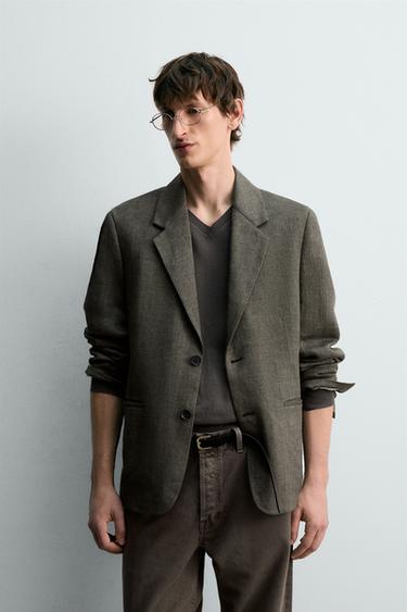 Zara 100% LINEN TEXTURED BLAZER LIMITED EDITION - Dark olive