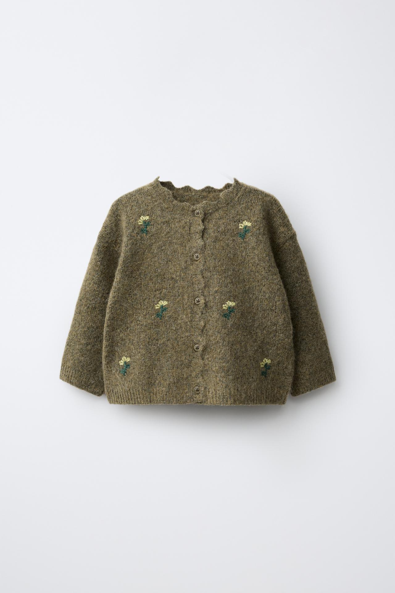 EMBROIDERED FLORAL CARDIGAN — Mid-green