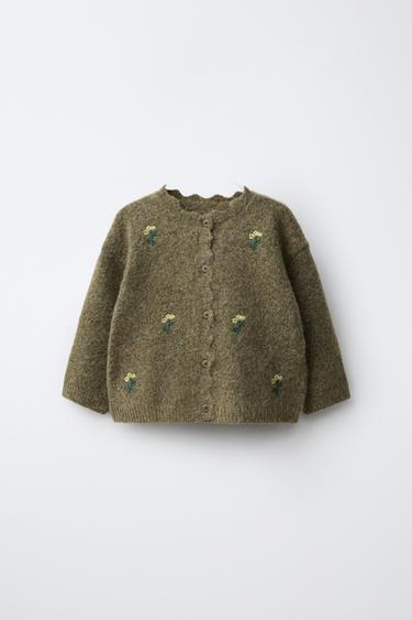 CHAQUETA PUNTO FLORES BORDADAS - Verde medio de Zara - Imagen 0