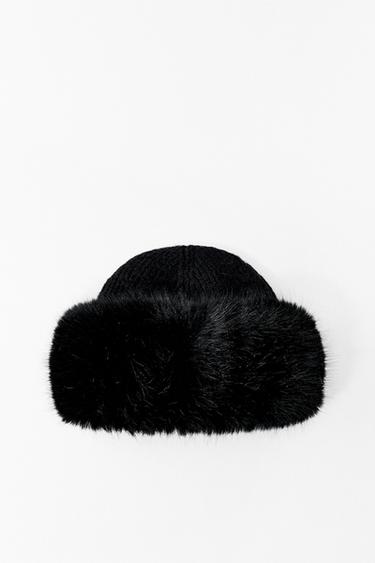 Zara FAUX FUR KNIT BEANIE - Black