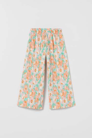 PANTALÓN CULOTTE MICROPLISADO FLORES - Naranja de Zara - Imagen 0