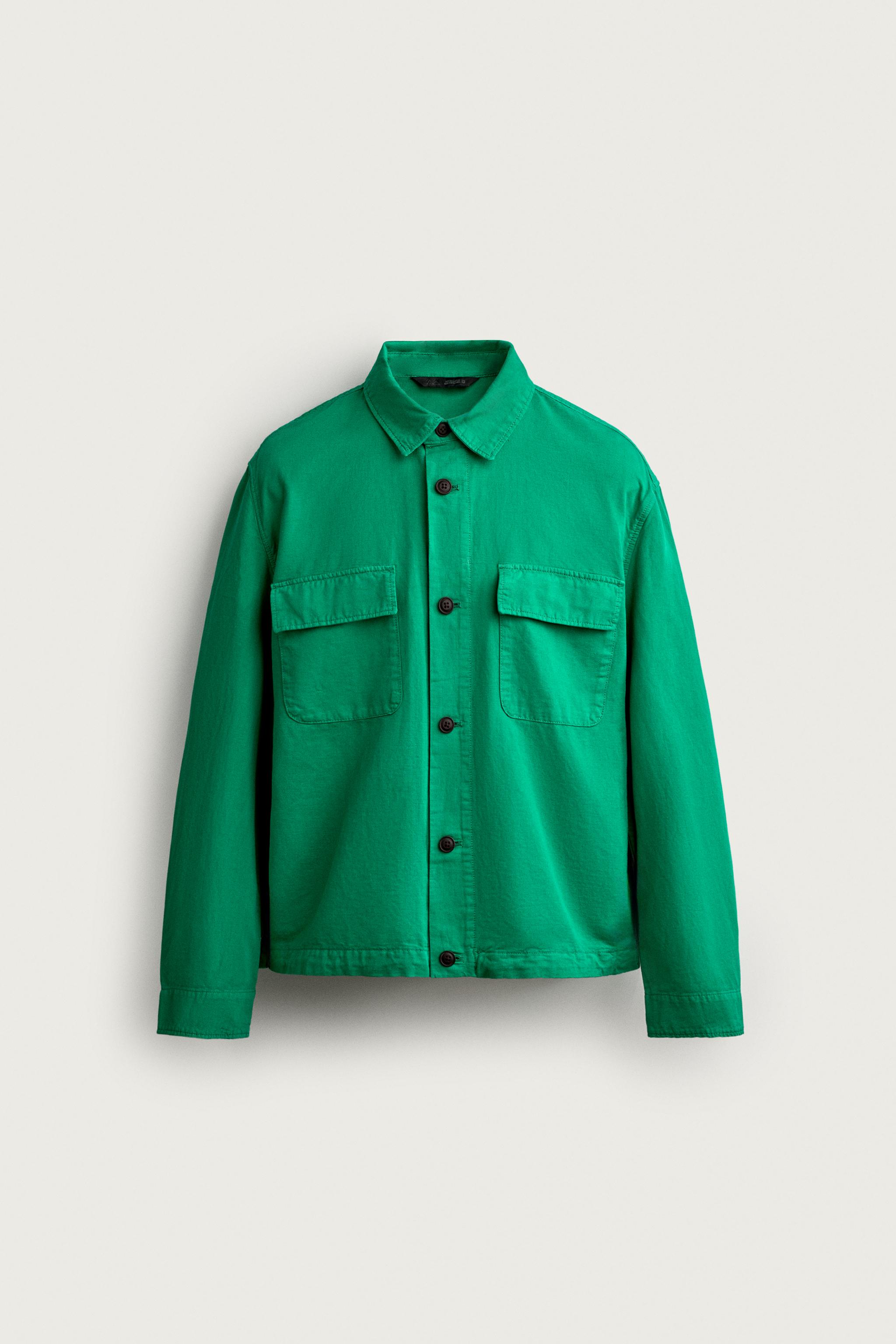 COTTON LINEN REGULAR FIT OVERSHIRT — Green