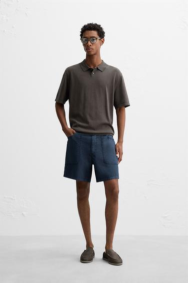 BERMUDA DÉLAVÉ EN COTON - Bleu marine de Zara