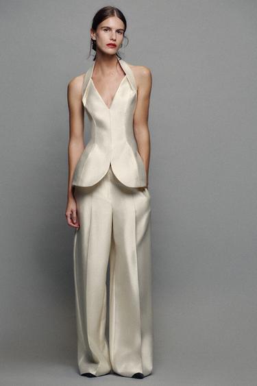 PANTALON DROIT SATINÉ - Écru de Zara