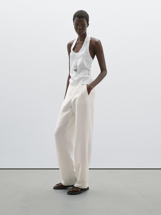 Straight fit flowing linen blend trousers