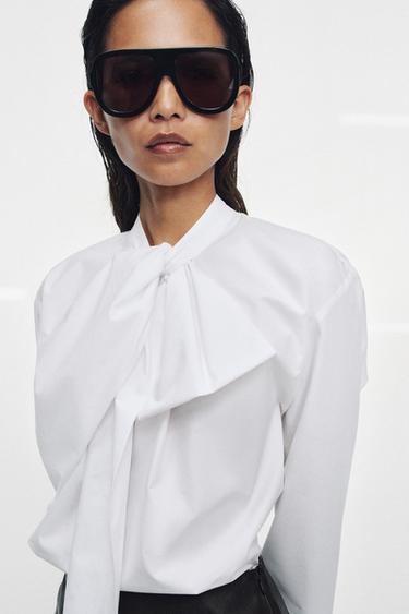ZW COLLECTION POPLIN SHIRT WITH TIE DETAIL - White by Zara