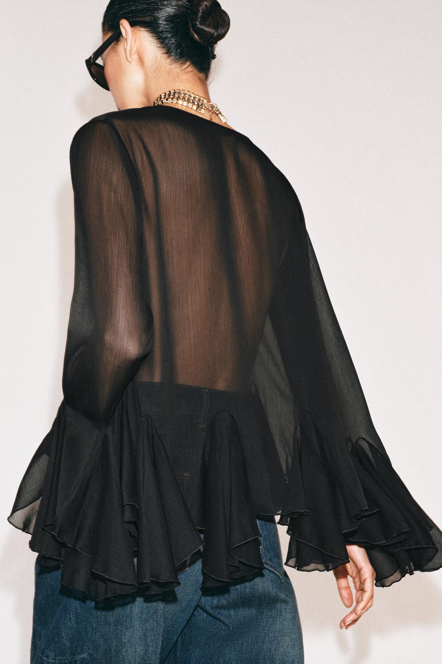 Женская рубашка Zara ZW Collection Flowy Ruffle, цвет: Чёрный — фото 3