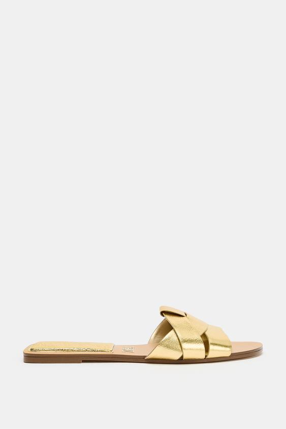 LEATHER CROSS-STRAP FLAT SANDALS