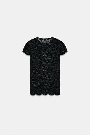 SHORT SLEEVE LACE T-SHIRT - Black by Zara - Image 4