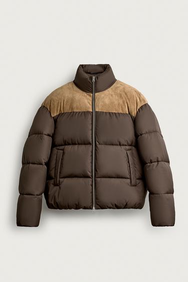 Zara MIXED LEATHER PUFFER JACKET - Light beige