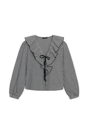 Zara RUFFLED GINGHAM BLOUSE - Black / Ecru - Image 0