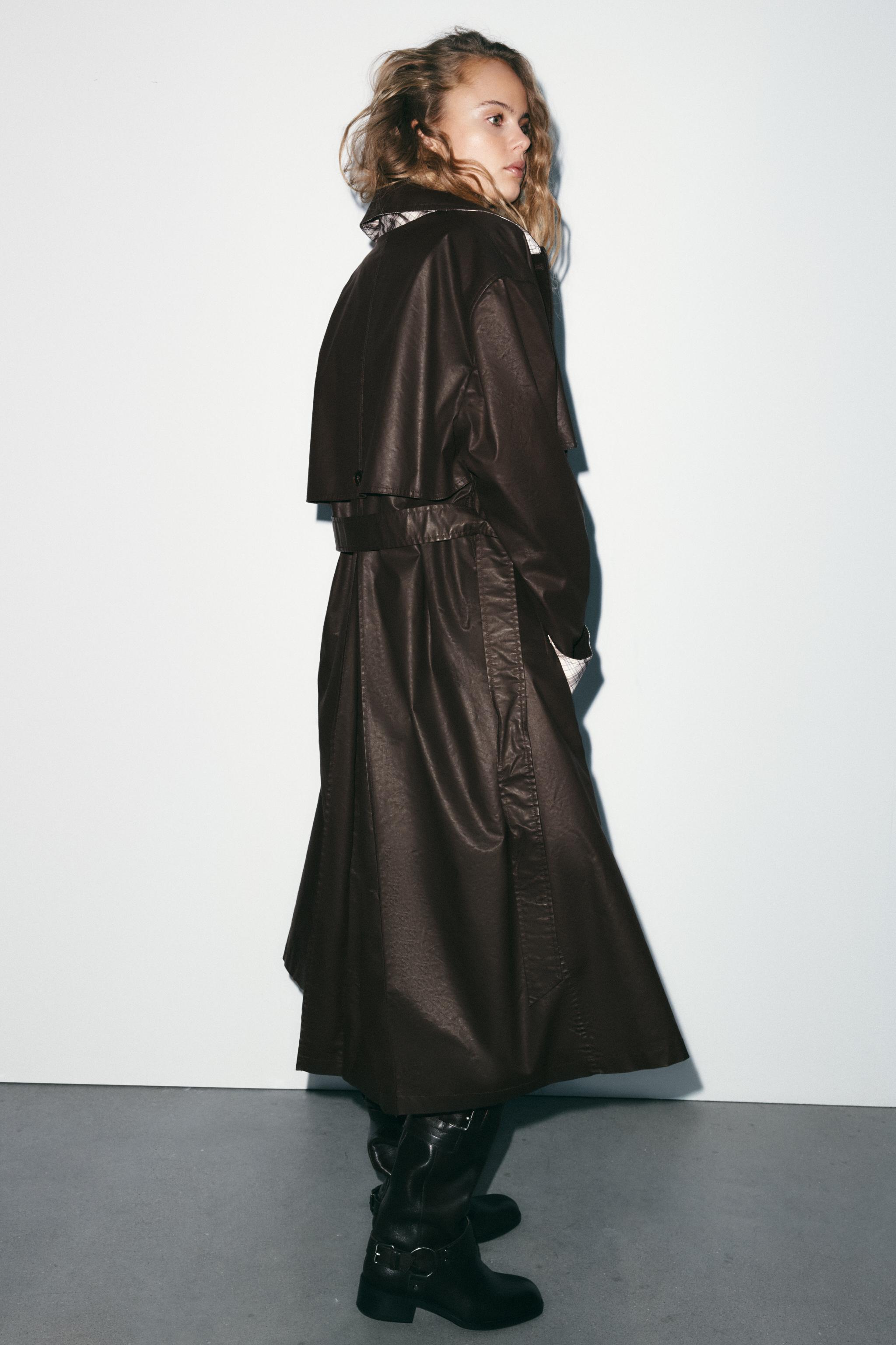 LONG WAXED PLAID TRENCH COAT