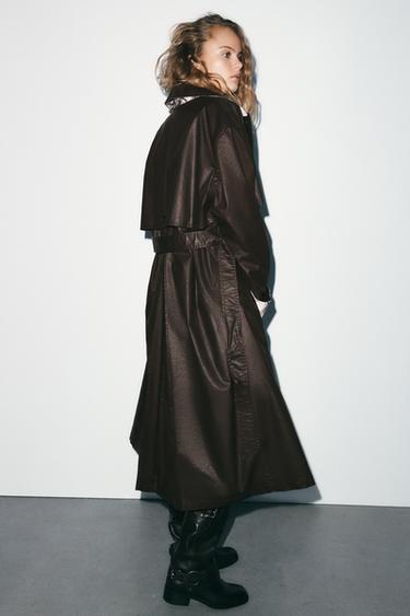 TRENCH LONG CIRÉ À CARREAUX - Marron foncé de Zara - Image 3