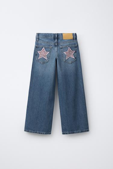 Zara WIDE LEG JEANS WITH ANIMAL PRINT PATCHES - Blue
