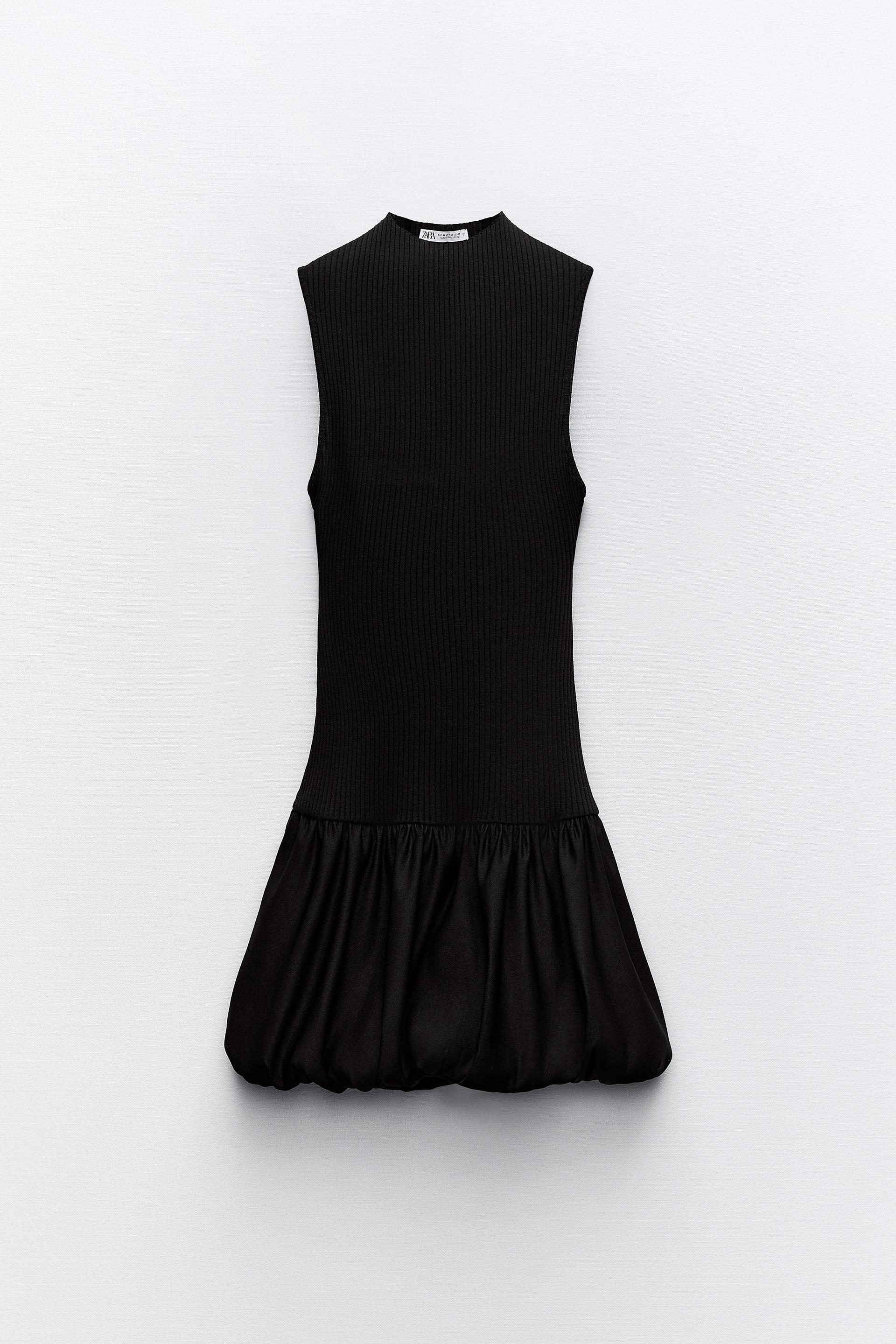 RIBBED BALLOON SKIRT DRESS - Black