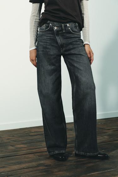 TRF WIDE-LEG HIGH-WAIST JEANS WITH CROSSOVER WAIST - Anthracite grey by Zara