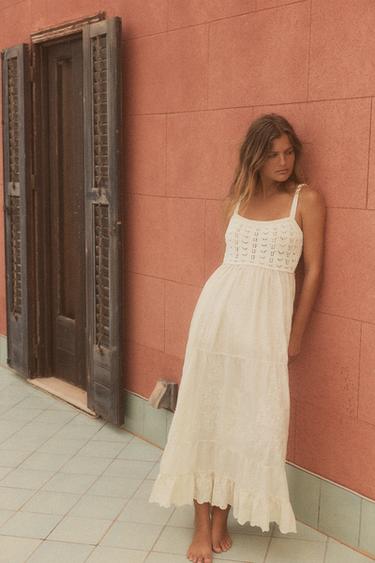 Zara COMBINATION KNIT DRESS - Ecru