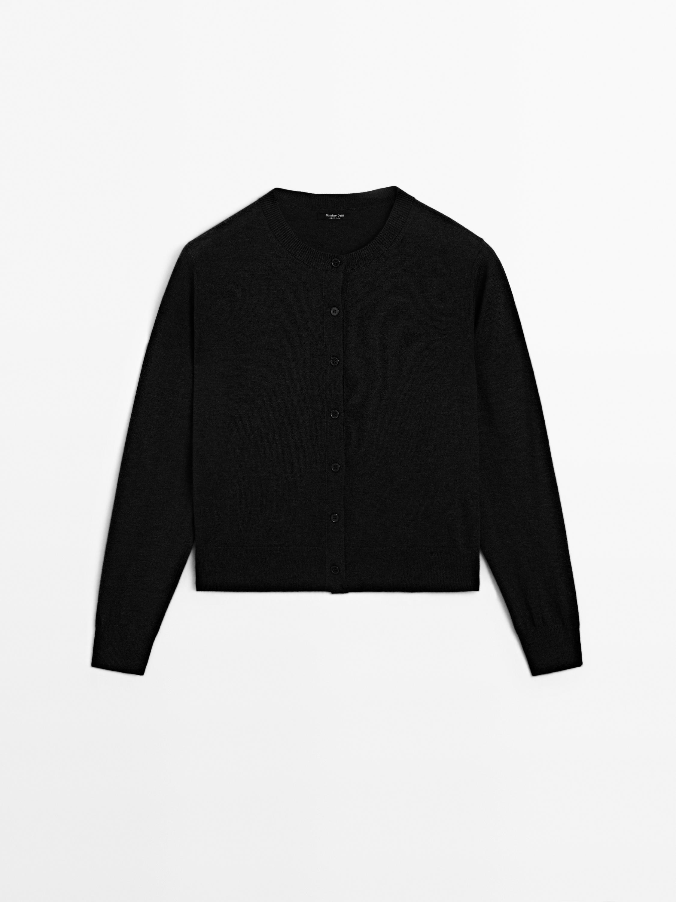 Wool blend knit cardigan with crew neck