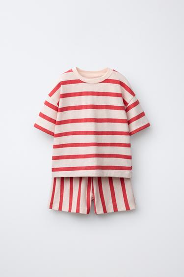 STRIPED T-SHIRT AND BERMUDA SHORTS SET - White / Red by Zara
