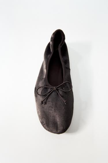 Zara VELVET EFFECT BALLET FLATS WITH BOW - Gray
