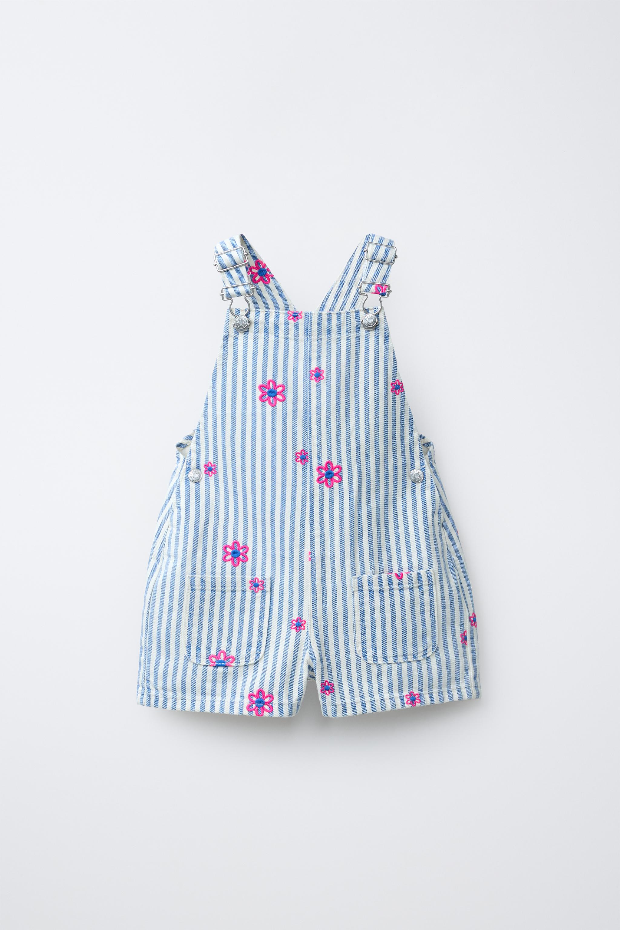 STRIPED TWILL OVERALLS WITH EMBROIDERED FLOWERS